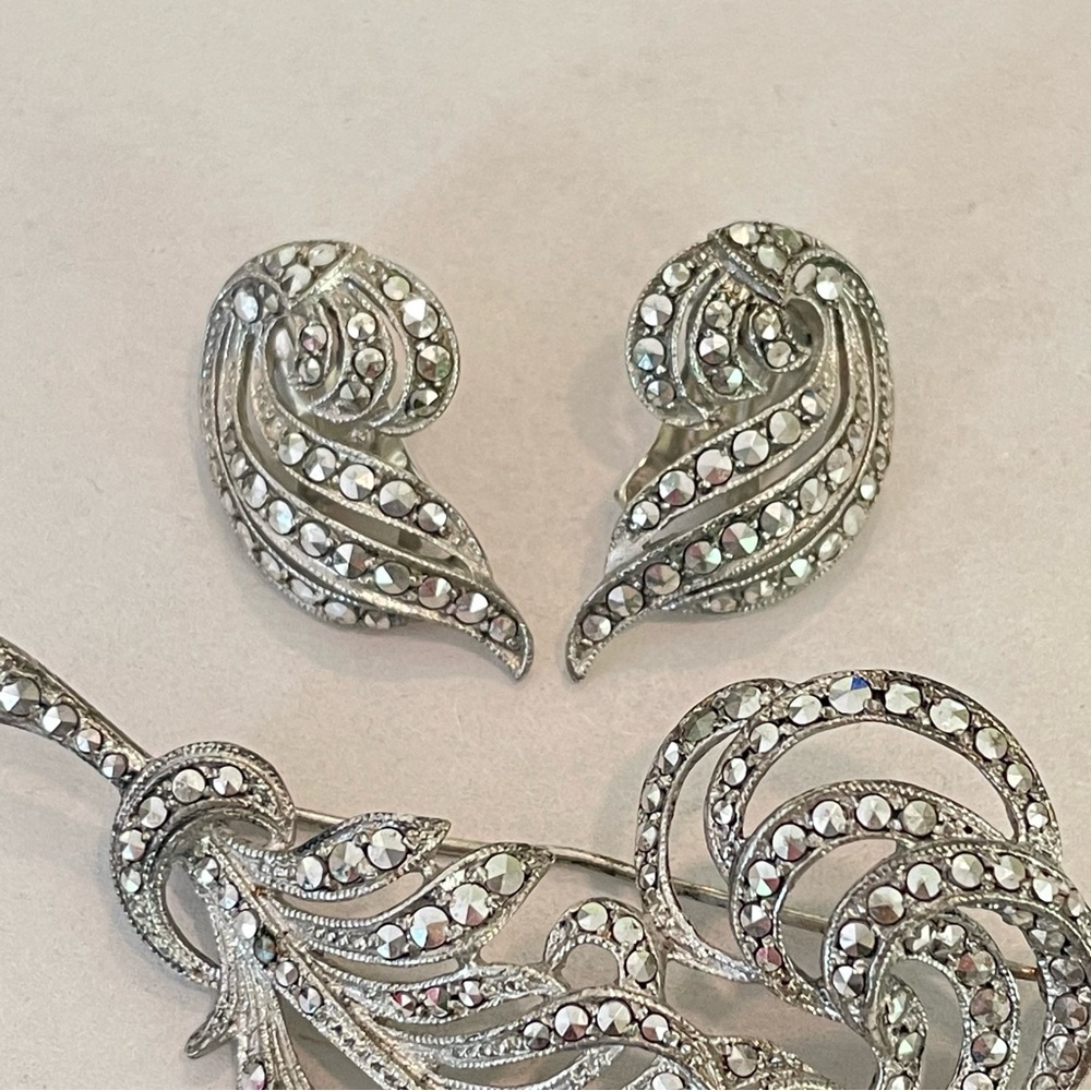 Vintage West Germany Sterling Silver 800 Rhinestone Brooch & Earrings Set Metall - Picture 3 of 13